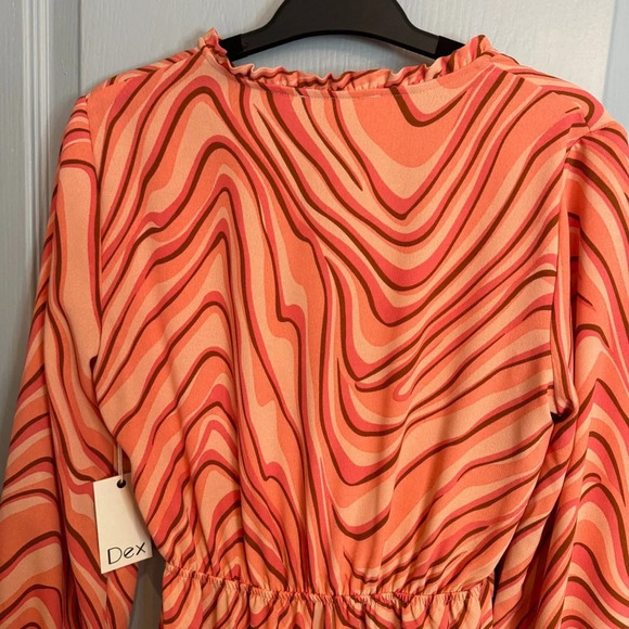 NWT Dex Tiered Midi Dress Sz  XS Coral Swirl Psychedelic Funky Hippie Wrap Front - Picture 10 of 16
